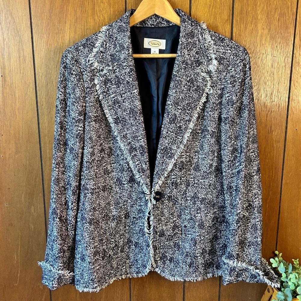 Vintage Talbots Navy Blue White Cotton Tweed Blazer Career Casual Fisherman